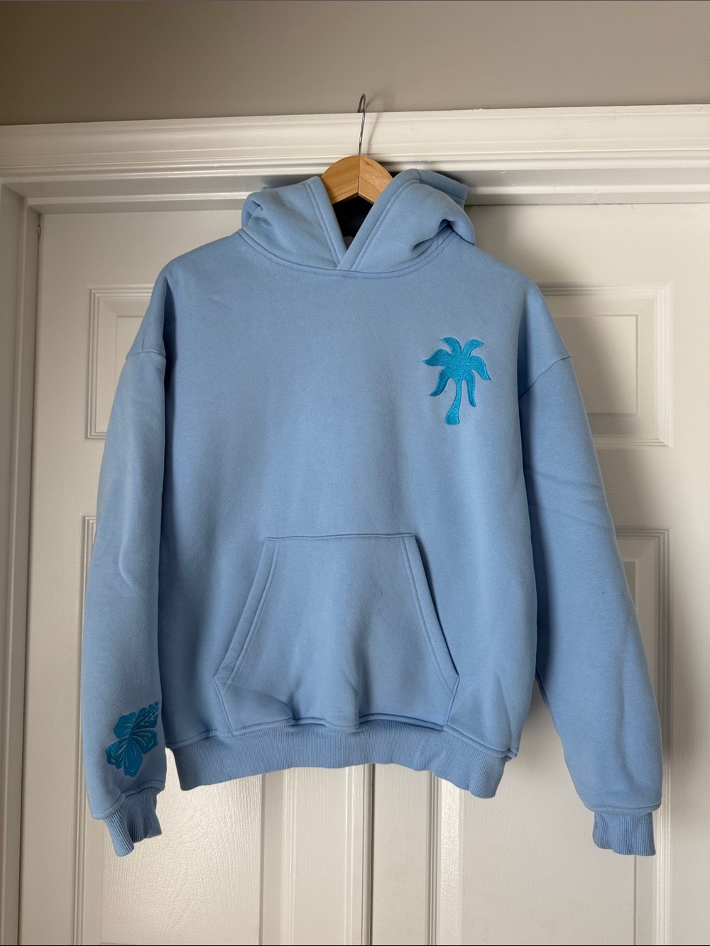 Light Blue Palm Graphic Hoodie - Pink Palm Puff